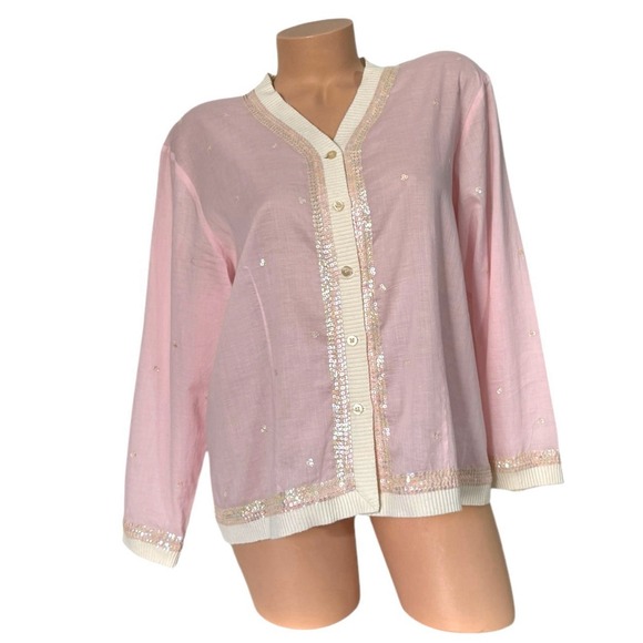 So Be It Sigrid Olsen Women's XL‎ Button Up Long Sleeve Sheer Sequin Blouse Top - Picture 1 of 8